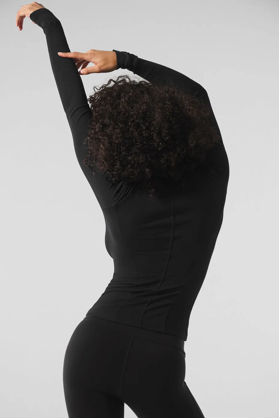 Ribbed Mesmerize Mock Neck Long Sleeve - Black