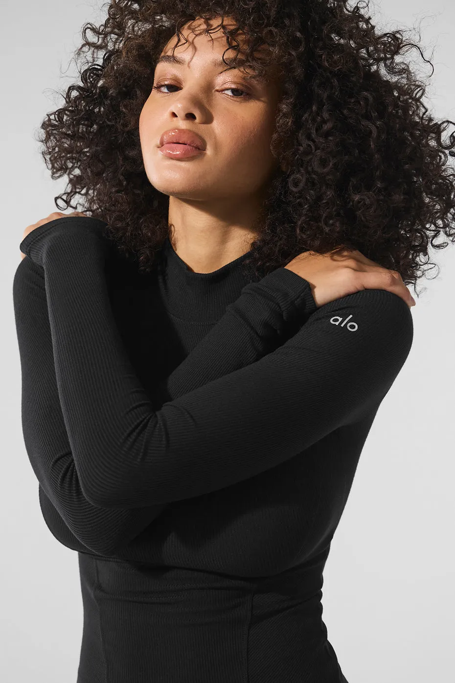 Ribbed Mesmerize Mock Neck Long Sleeve - Black