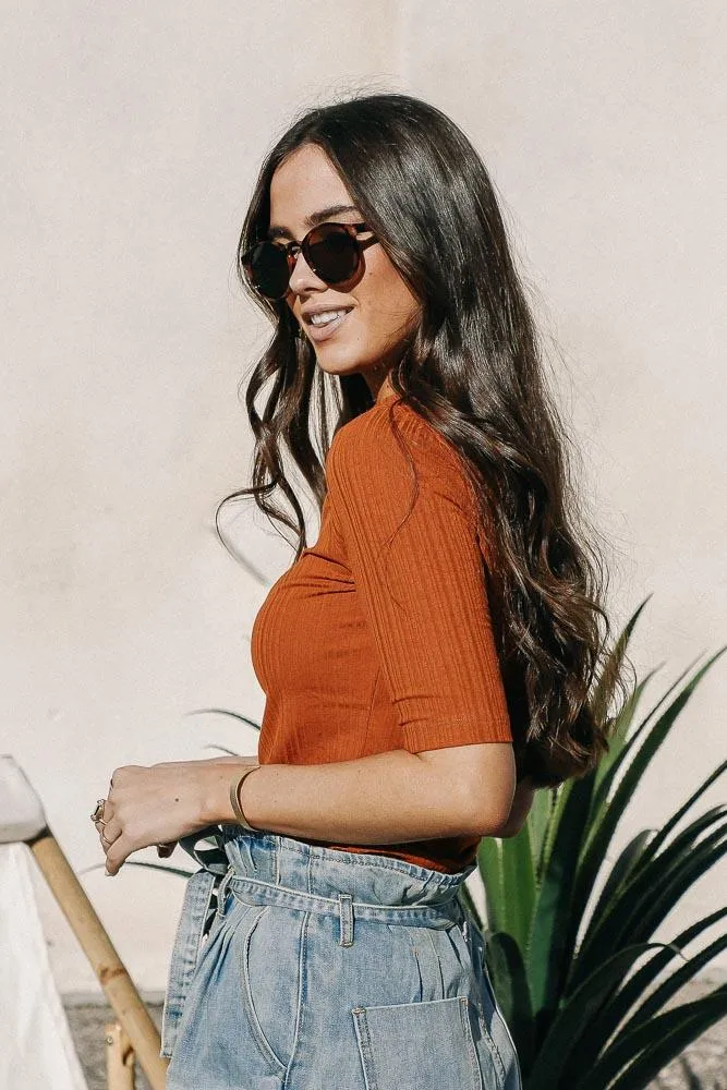 Ribbed Mock Neck Top in Camel