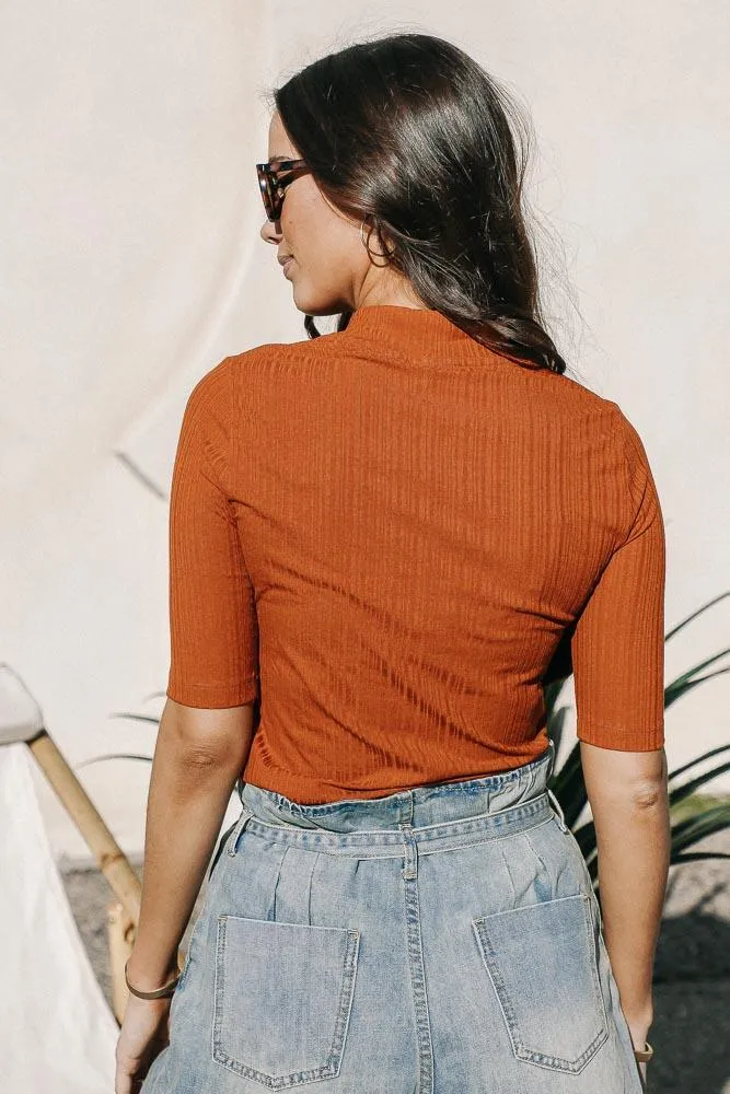Ribbed Mock Neck Top in Camel