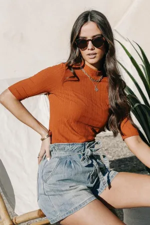 Ribbed Mock Neck Top in Camel