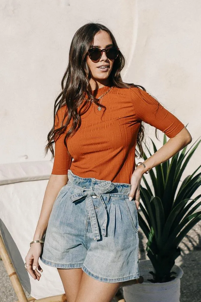 Ribbed Mock Neck Top in Camel