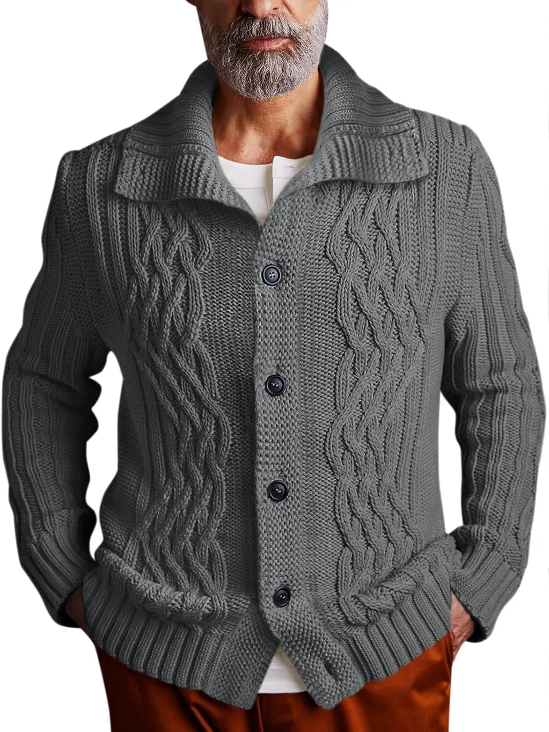 Runcati Mens Cardigan Sweater Cable Knit Button Down Long Sleeve Casual Winter Slim Fit Sweaters