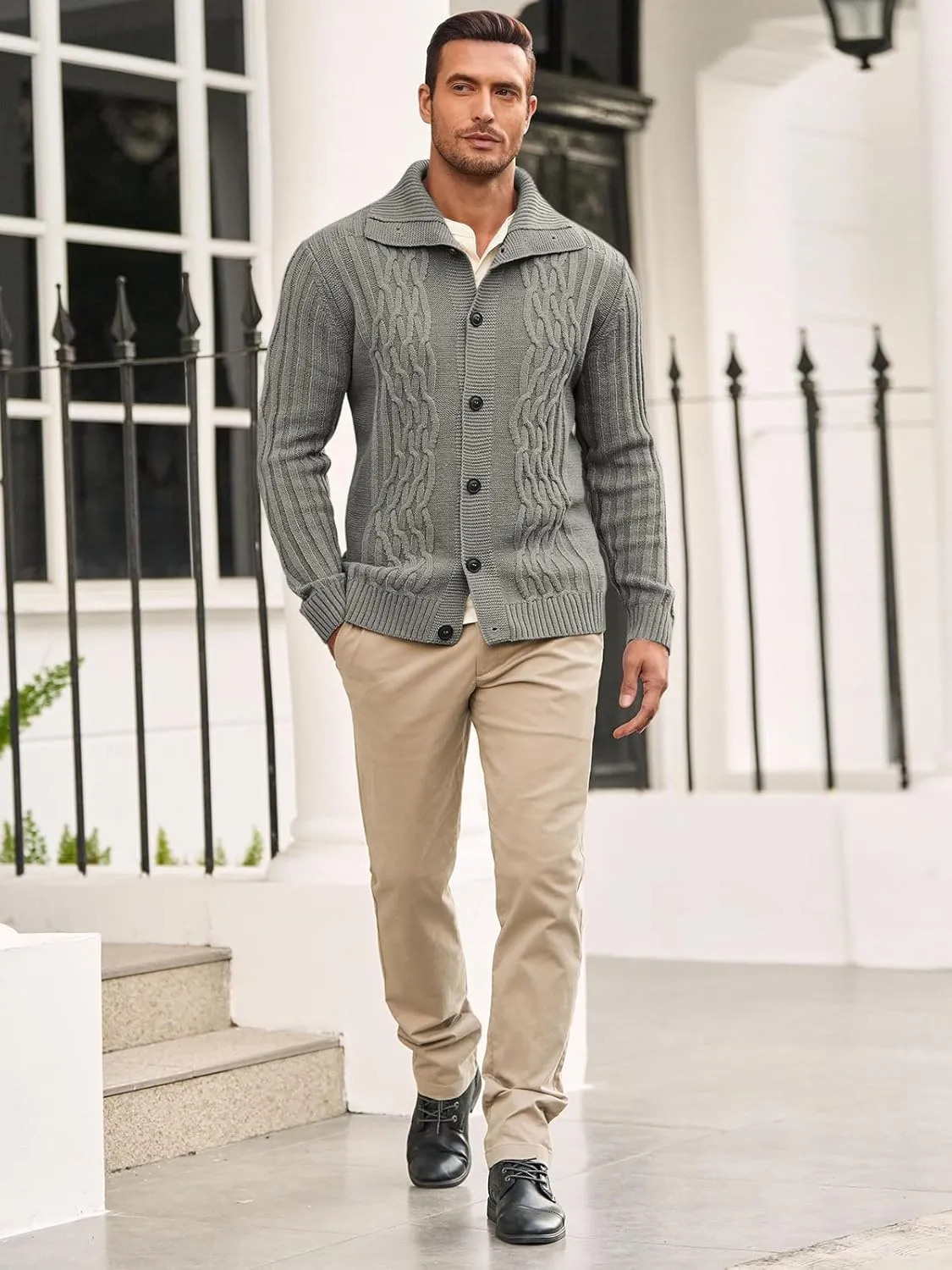 Runcati Mens Cardigan Sweater Cable Knit Button Down Long Sleeve Casual Winter Slim Fit Sweaters
