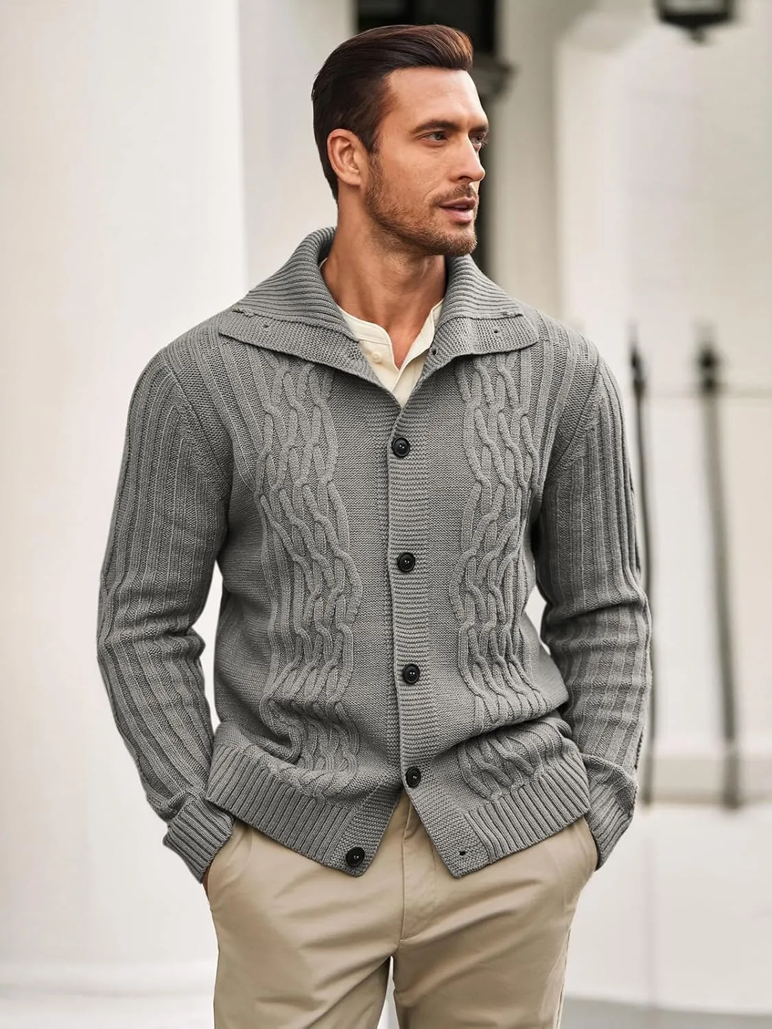 Runcati Mens Cardigan Sweater Cable Knit Button Down Long Sleeve Casual Winter Slim Fit Sweaters