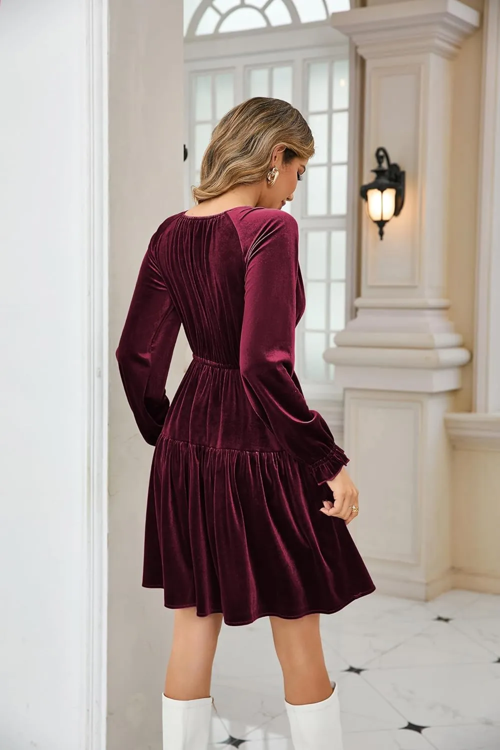 R.Vivimos Womens Fall Velvet Mini Dress V Neck Long Sleeve Elastic Waist Winter Tiered Flowy Swing A-Line Dress with Pockets