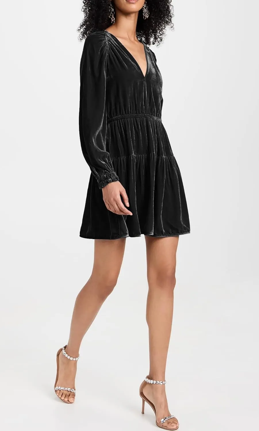 R.Vivimos Womens Fall Velvet Mini Dress V Neck Long Sleeve Elastic Waist Winter Tiered Flowy Swing A-Line Dress with Pockets