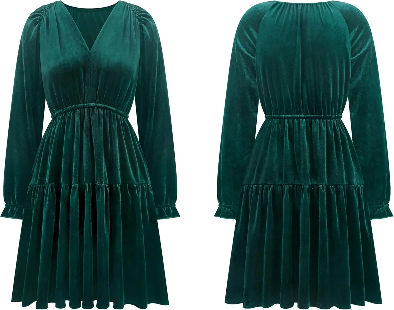 R.Vivimos Womens Fall Velvet Mini Dress V Neck Long Sleeve Elastic Waist Winter Tiered Flowy Swing A-Line Dress with Pockets