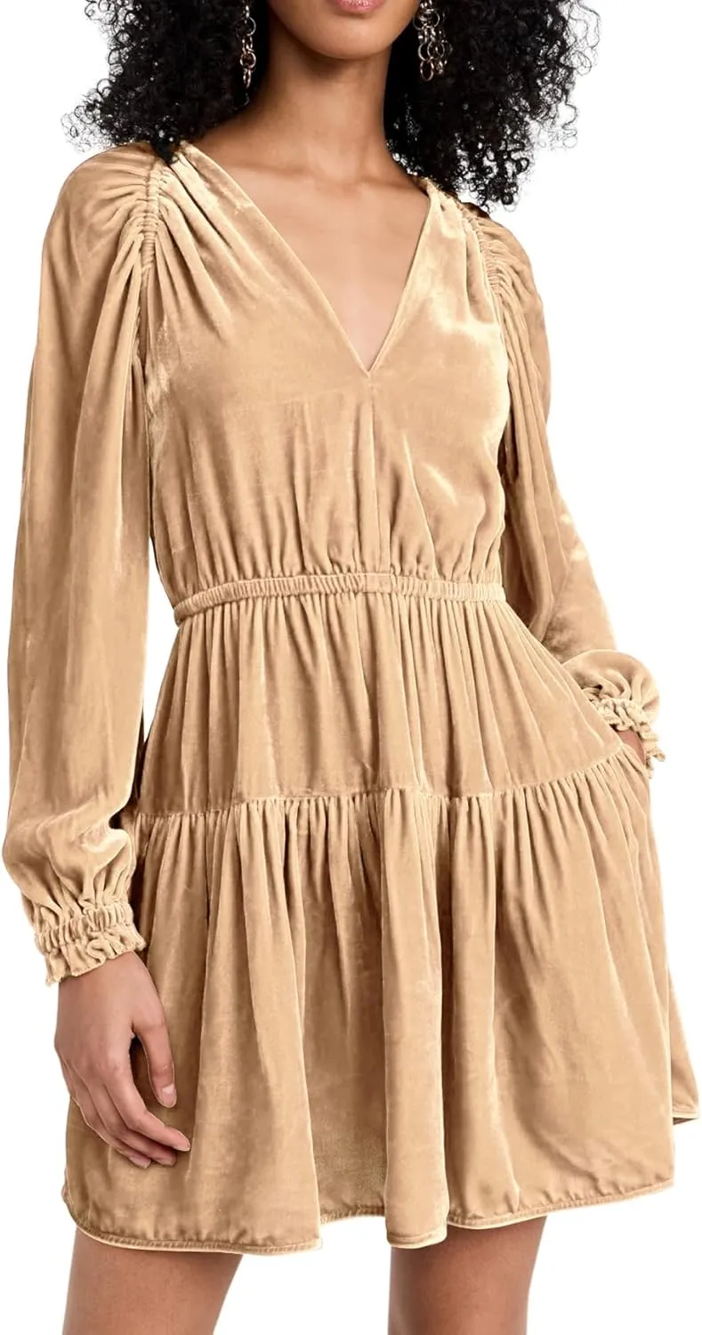 R.Vivimos Womens Fall Velvet Mini Dress V Neck Long Sleeve Elastic Waist Winter Tiered Flowy Swing A-Line Dress with Pockets