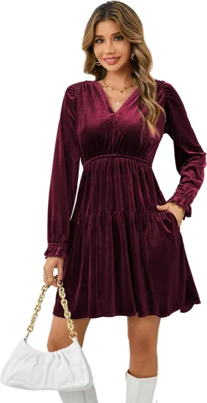 R.Vivimos Womens Fall Velvet Mini Dress V Neck Long Sleeve Elastic Waist Winter Tiered Flowy Swing A-Line Dress with Pockets