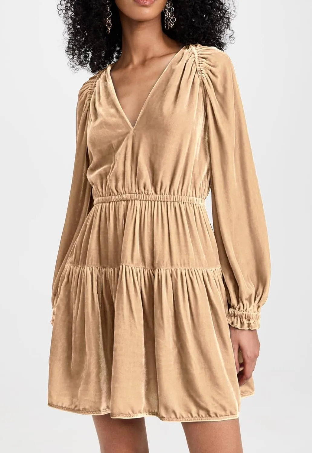 R.Vivimos Womens Fall Velvet Mini Dress V Neck Long Sleeve Elastic Waist Winter Tiered Flowy Swing A-Line Dress with Pockets