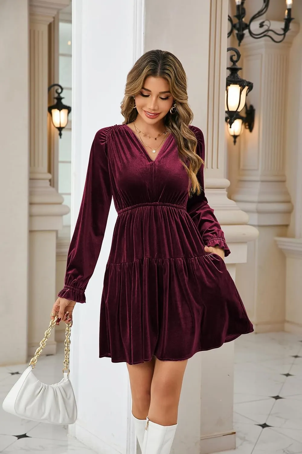 R.Vivimos Womens Fall Velvet Mini Dress V Neck Long Sleeve Elastic Waist Winter Tiered Flowy Swing A-Line Dress with Pockets