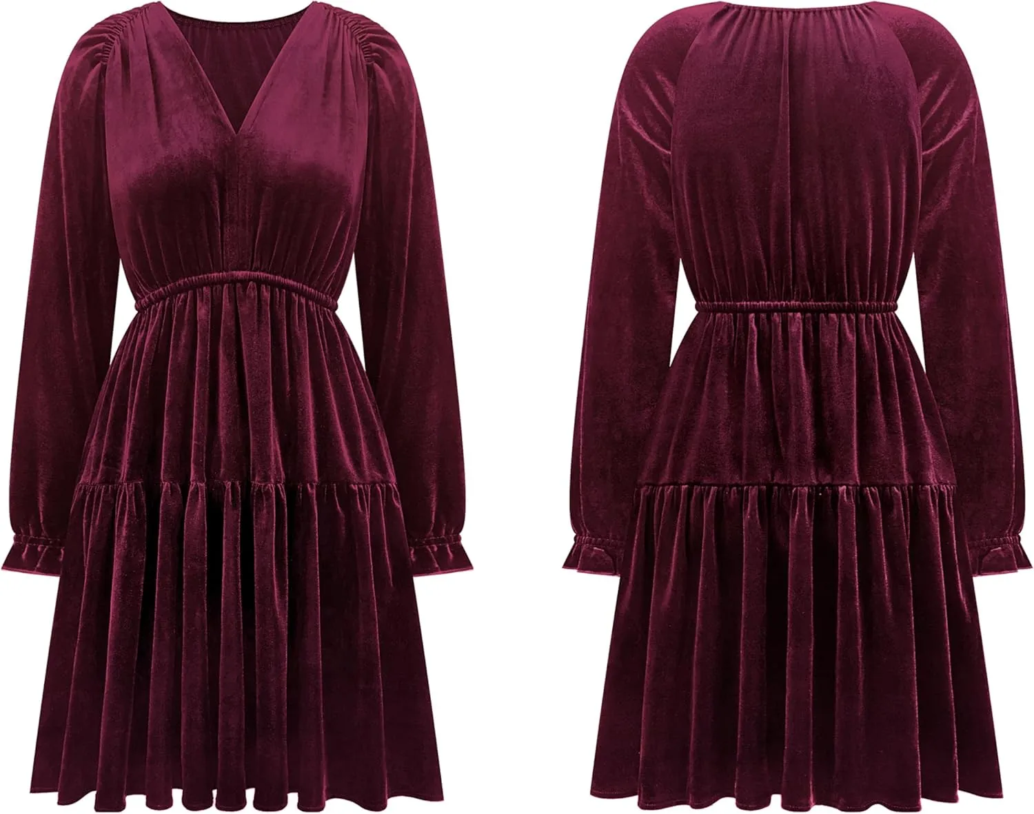 R.Vivimos Womens Fall Velvet Mini Dress V Neck Long Sleeve Elastic Waist Winter Tiered Flowy Swing A-Line Dress with Pockets