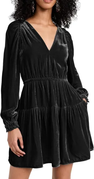 R.Vivimos Womens Fall Velvet Mini Dress V Neck Long Sleeve Elastic Waist Winter Tiered Flowy Swing A-Line Dress with Pockets