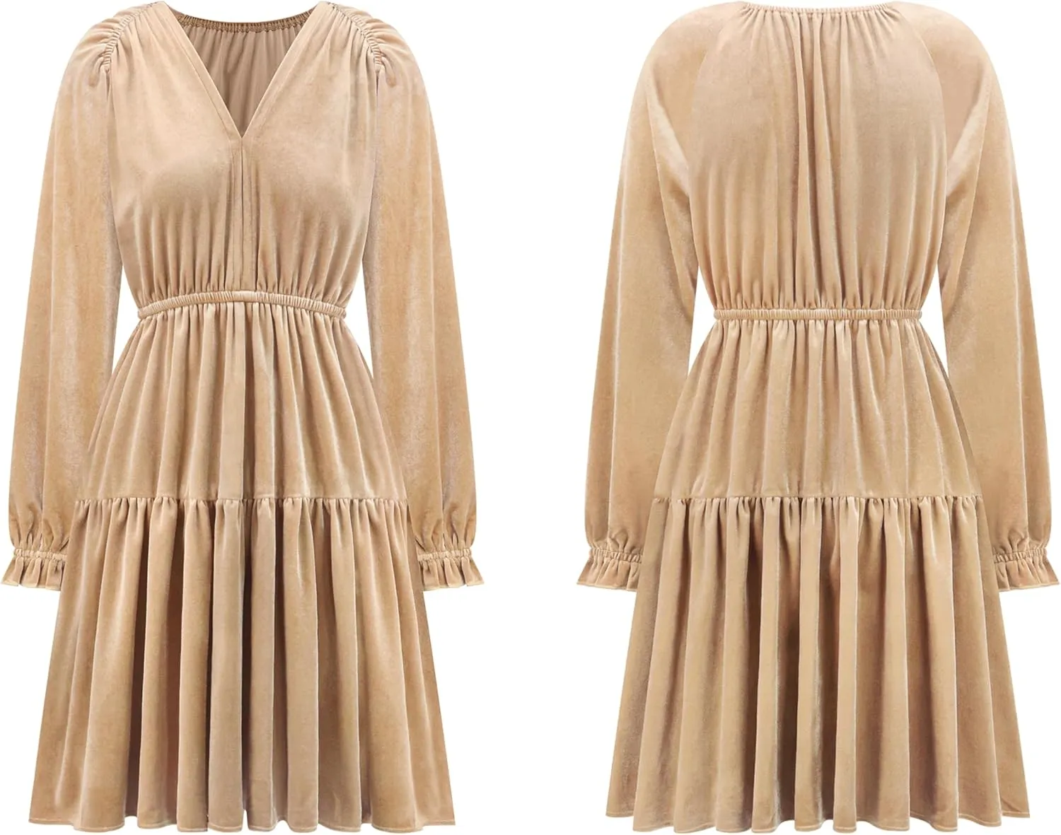 R.Vivimos Womens Fall Velvet Mini Dress V Neck Long Sleeve Elastic Waist Winter Tiered Flowy Swing A-Line Dress with Pockets