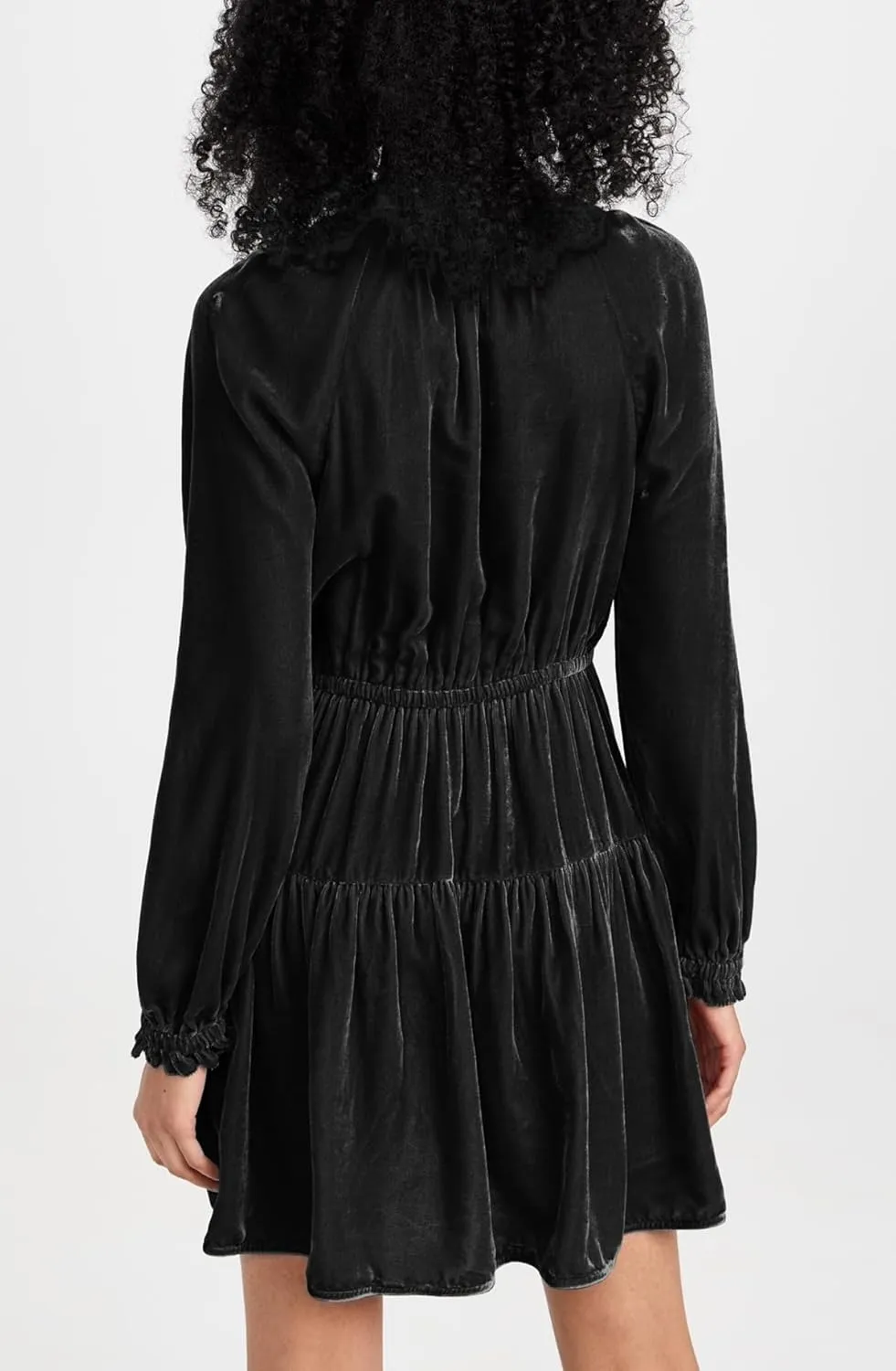 R.Vivimos Womens Fall Velvet Mini Dress V Neck Long Sleeve Elastic Waist Winter Tiered Flowy Swing A-Line Dress with Pockets