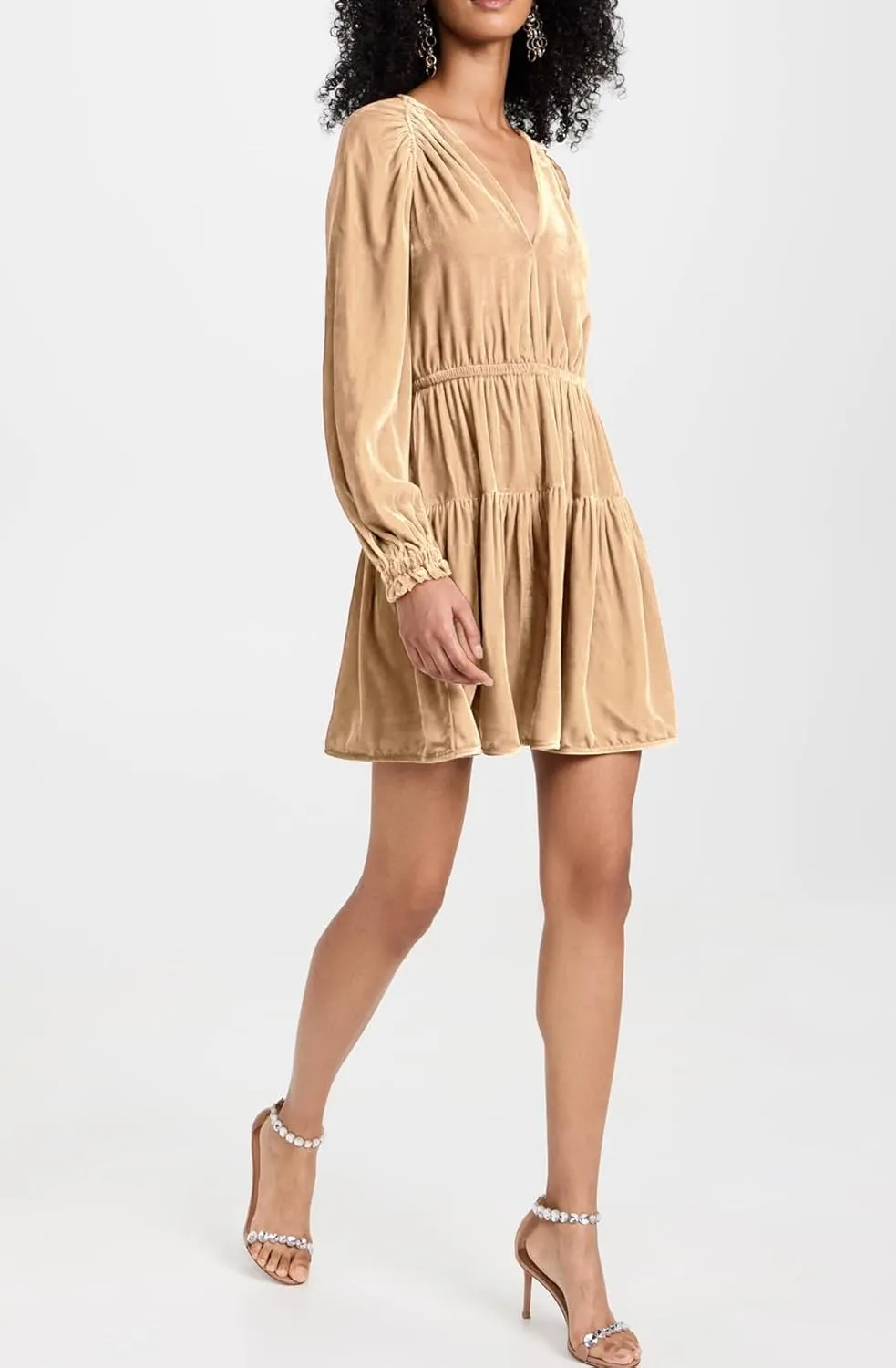 R.Vivimos Womens Fall Velvet Mini Dress V Neck Long Sleeve Elastic Waist Winter Tiered Flowy Swing A-Line Dress with Pockets