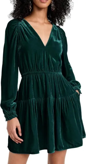 R.Vivimos Womens Fall Velvet Mini Dress V Neck Long Sleeve Elastic Waist Winter Tiered Flowy Swing A-Line Dress with Pockets