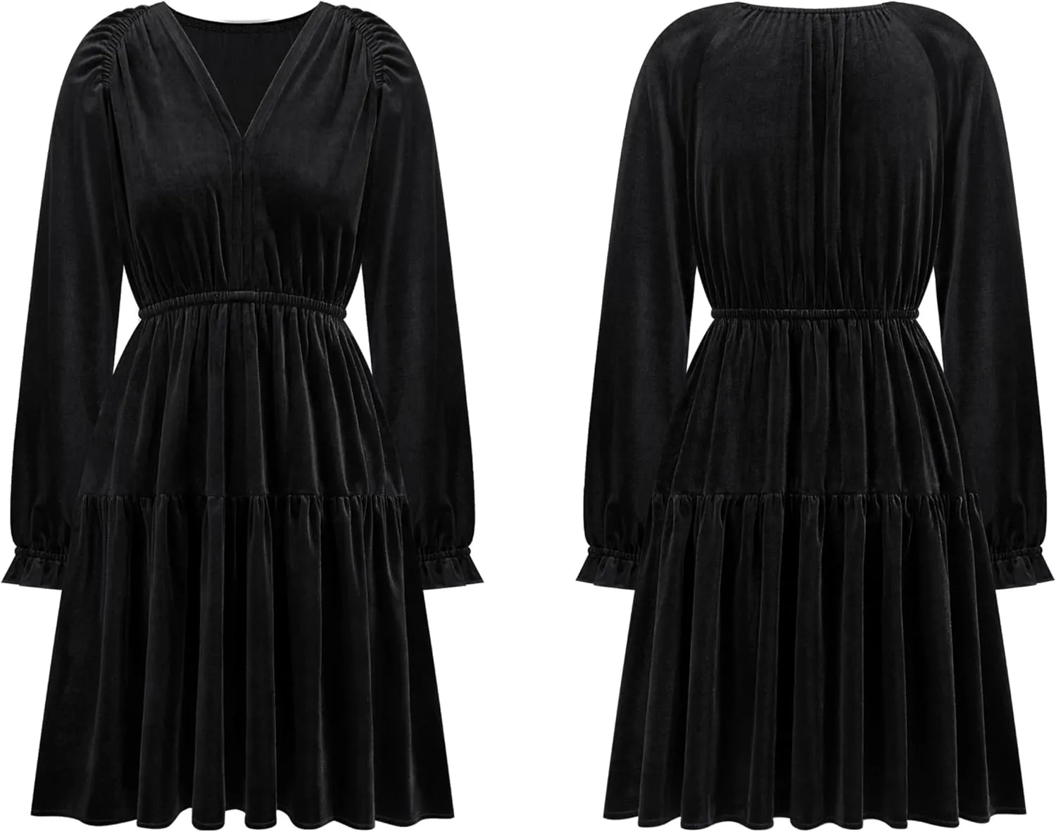 R.Vivimos Womens Fall Velvet Mini Dress V Neck Long Sleeve Elastic Waist Winter Tiered Flowy Swing A-Line Dress with Pockets
