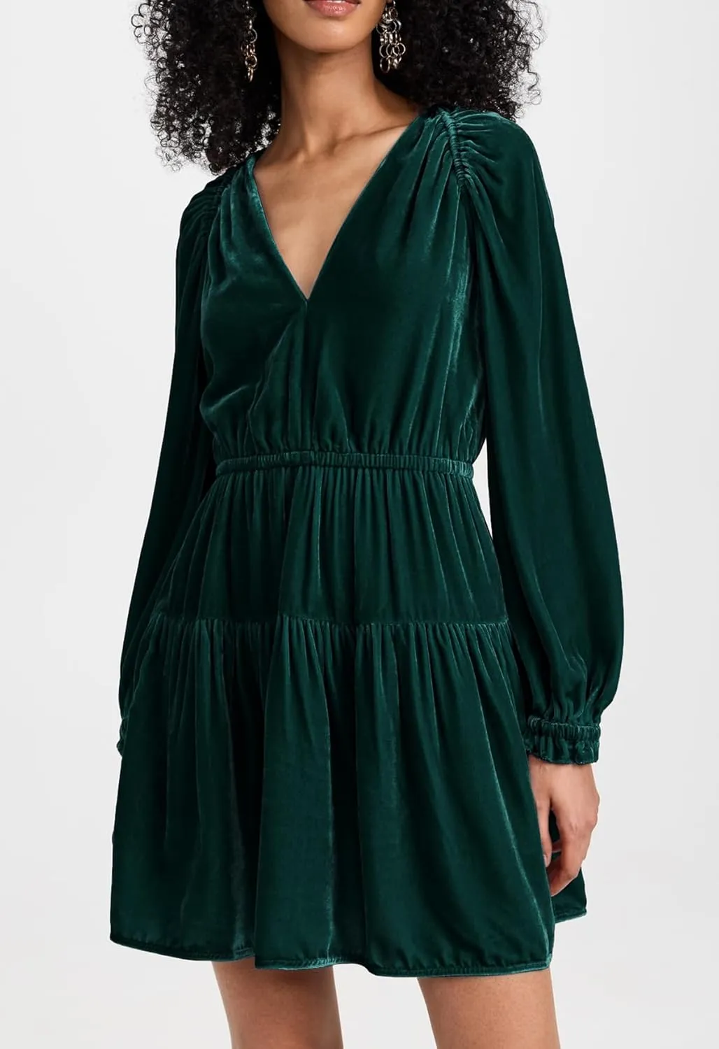 R.Vivimos Womens Fall Velvet Mini Dress V Neck Long Sleeve Elastic Waist Winter Tiered Flowy Swing A-Line Dress with Pockets