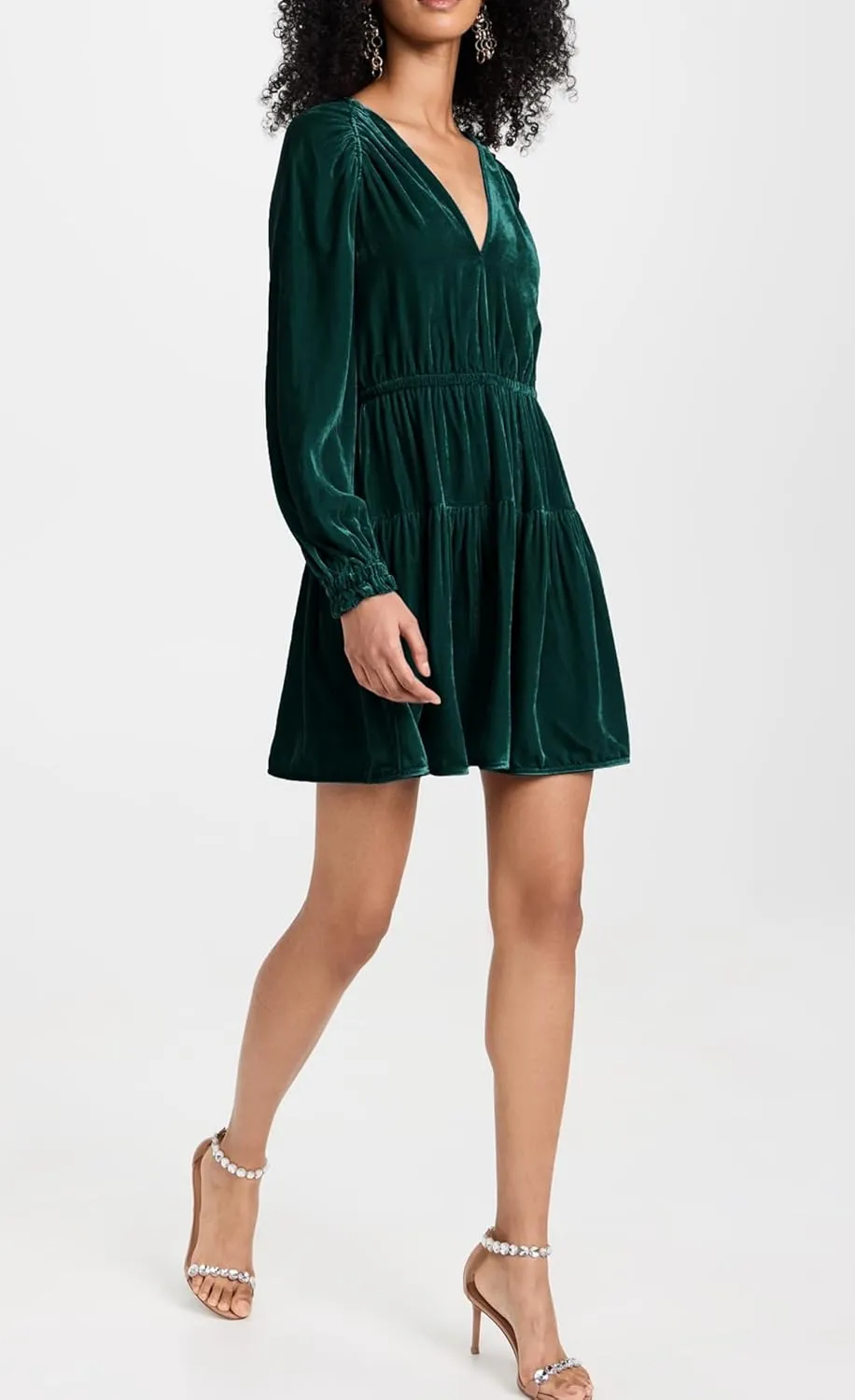 R.Vivimos Womens Fall Velvet Mini Dress V Neck Long Sleeve Elastic Waist Winter Tiered Flowy Swing A-Line Dress with Pockets