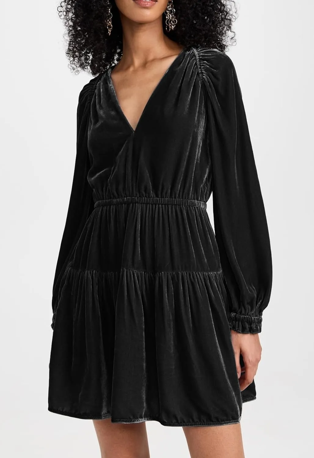 R.Vivimos Womens Fall Velvet Mini Dress V Neck Long Sleeve Elastic Waist Winter Tiered Flowy Swing A-Line Dress with Pockets