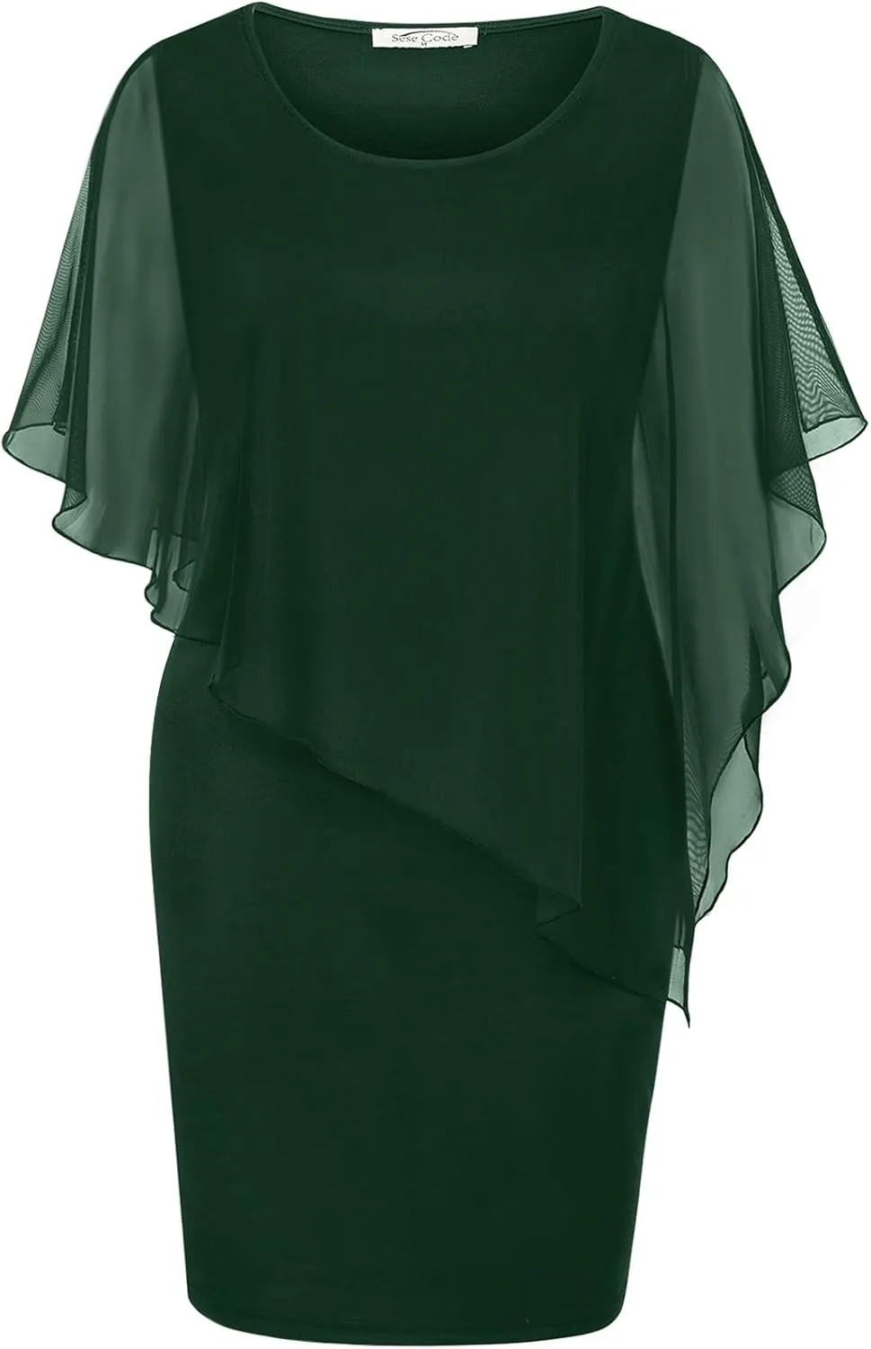 SeSe Code Women's Mesh Cape Overlay Bodycon Knee Length Pencil Dress for Wedding Guest