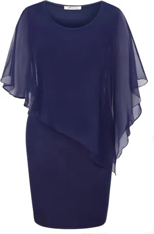 SeSe Code Women's Mesh Cape Overlay Bodycon Knee Length Pencil Dress for Wedding Guest