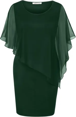 SeSe Code Women's Mesh Cape Overlay Bodycon Knee Length Pencil Dress for Wedding Guest