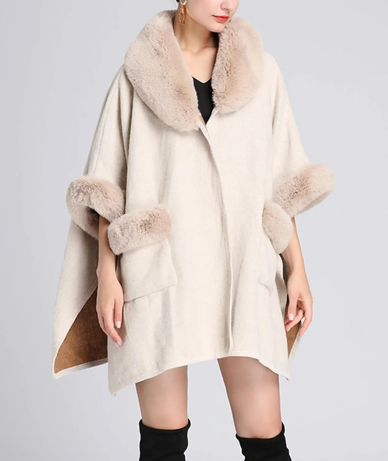 Sexyshine Women's Faux Fur Trim Cloak Poncho Coat Batwing Sleeve Pocket Oversized Woolen Shawl Wrap Cape Jacket