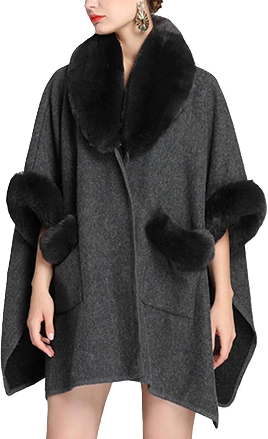Sexyshine Women's Faux Fur Trim Cloak Poncho Coat Batwing Sleeve Pocket Oversized Woolen Shawl Wrap Cape Jacket