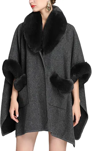 Sexyshine Women's Faux Fur Trim Cloak Poncho Coat Batwing Sleeve Pocket Oversized Woolen Shawl Wrap Cape Jacket
