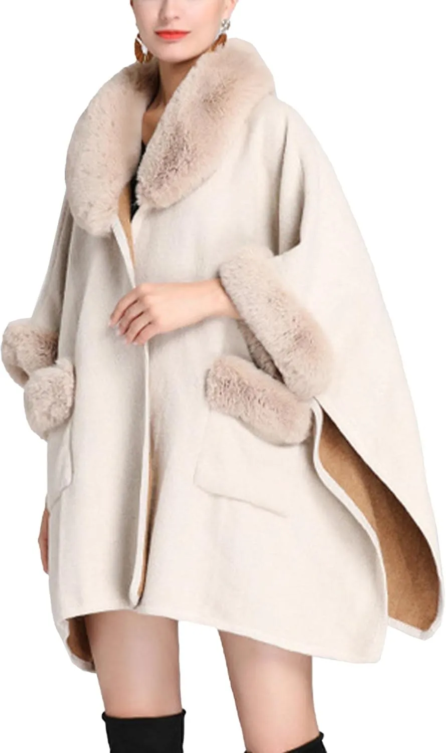 Sexyshine Women's Faux Fur Trim Cloak Poncho Coat Batwing Sleeve Pocket Oversized Woolen Shawl Wrap Cape Jacket