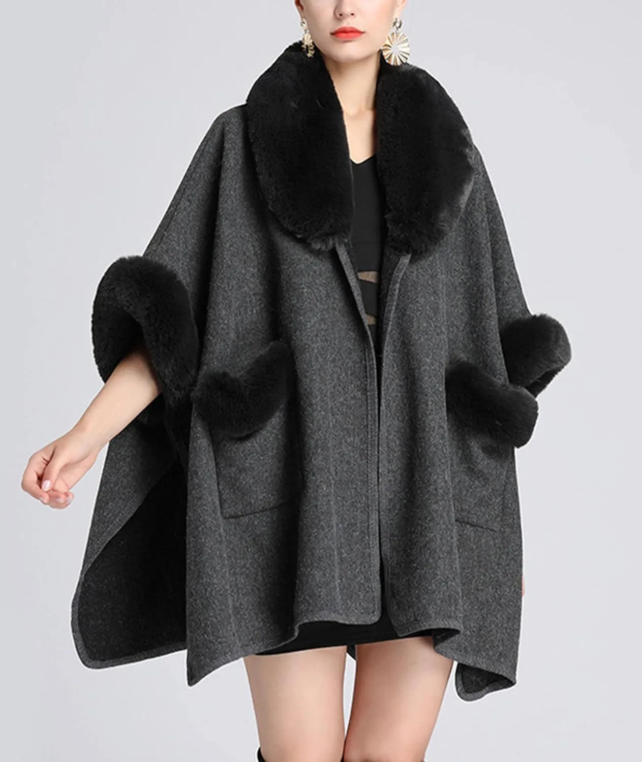 Sexyshine Women's Faux Fur Trim Cloak Poncho Coat Batwing Sleeve Pocket Oversized Woolen Shawl Wrap Cape Jacket