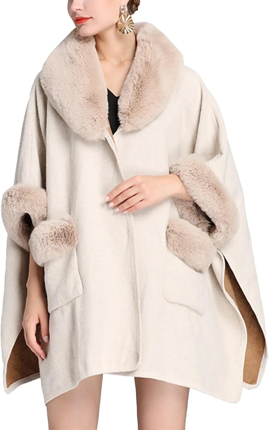 Sexyshine Women's Faux Fur Trim Cloak Poncho Coat Batwing Sleeve Pocket Oversized Woolen Shawl Wrap Cape Jacket