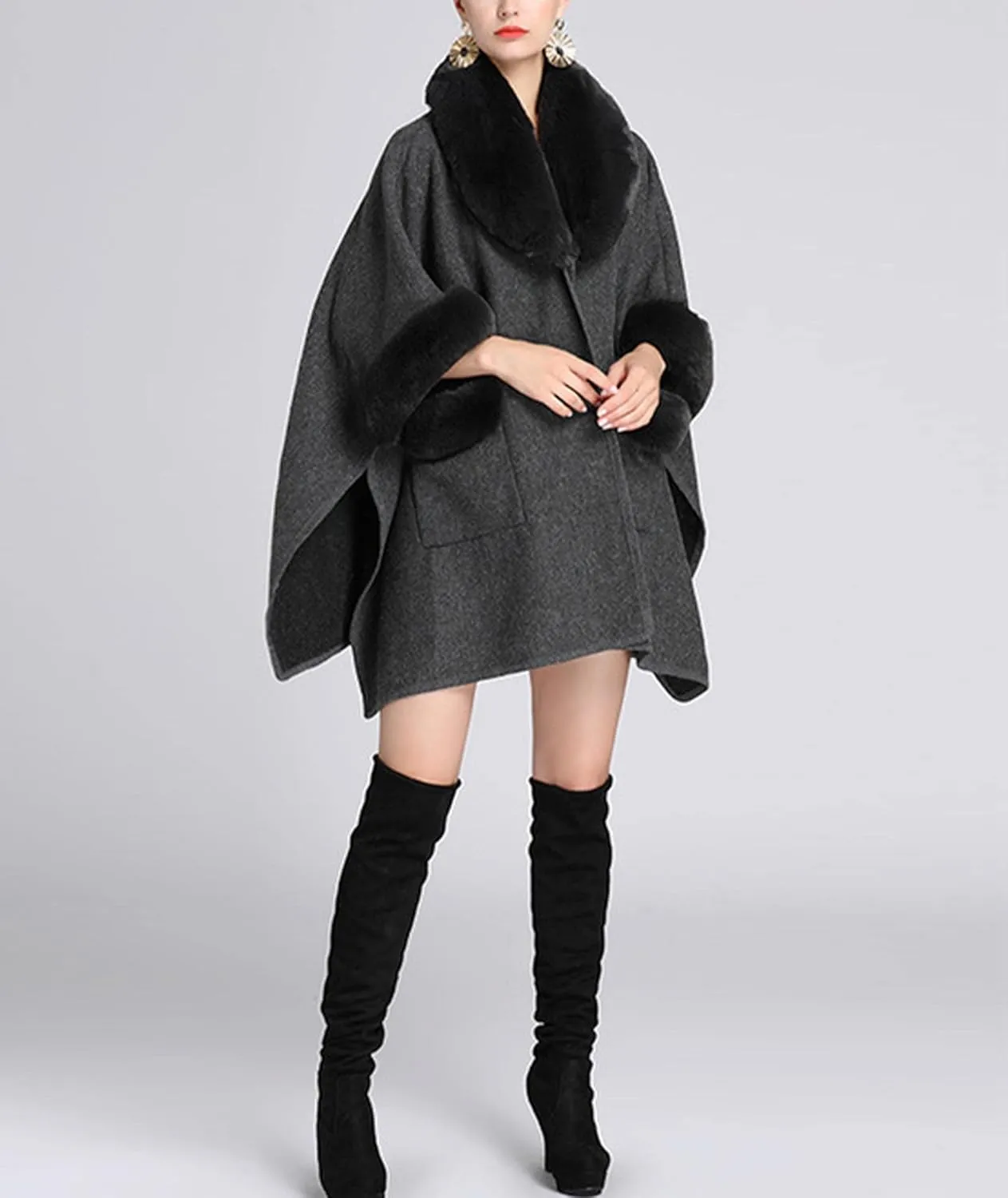 Sexyshine Women's Faux Fur Trim Cloak Poncho Coat Batwing Sleeve Pocket Oversized Woolen Shawl Wrap Cape Jacket