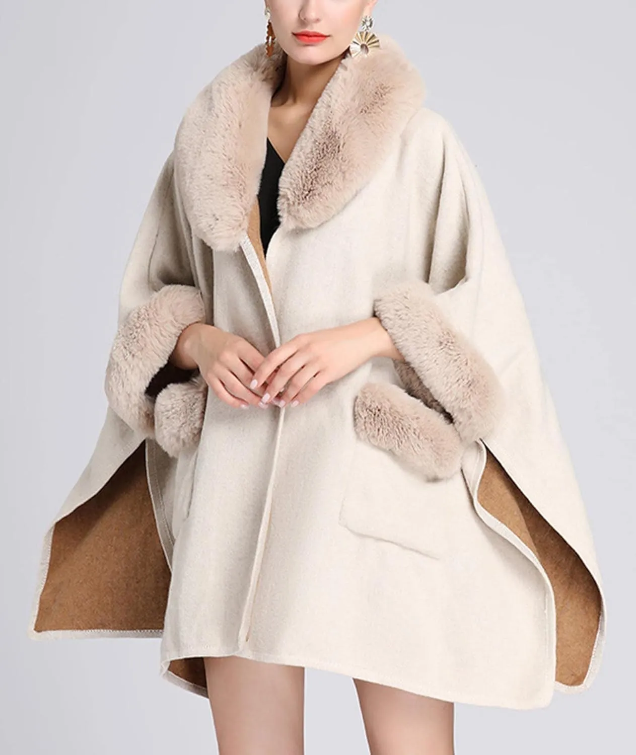Sexyshine Women's Faux Fur Trim Cloak Poncho Coat Batwing Sleeve Pocket Oversized Woolen Shawl Wrap Cape Jacket