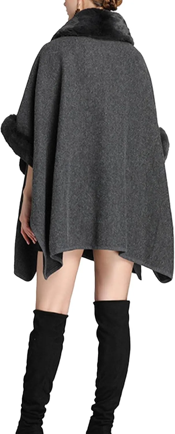 Sexyshine Women's Faux Fur Trim Cloak Poncho Coat Batwing Sleeve Pocket Oversized Woolen Shawl Wrap Cape Jacket