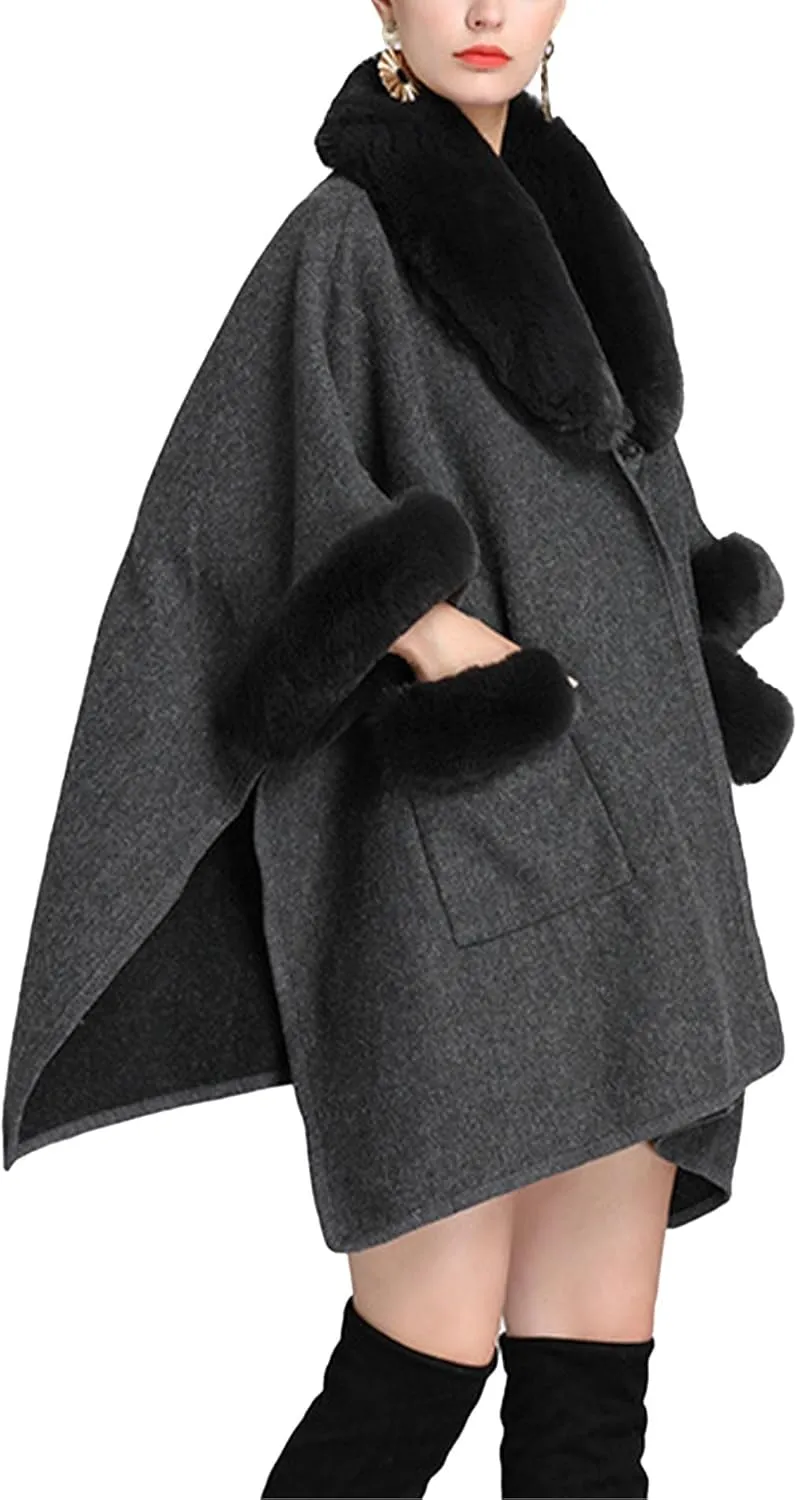 Sexyshine Women's Faux Fur Trim Cloak Poncho Coat Batwing Sleeve Pocket Oversized Woolen Shawl Wrap Cape Jacket