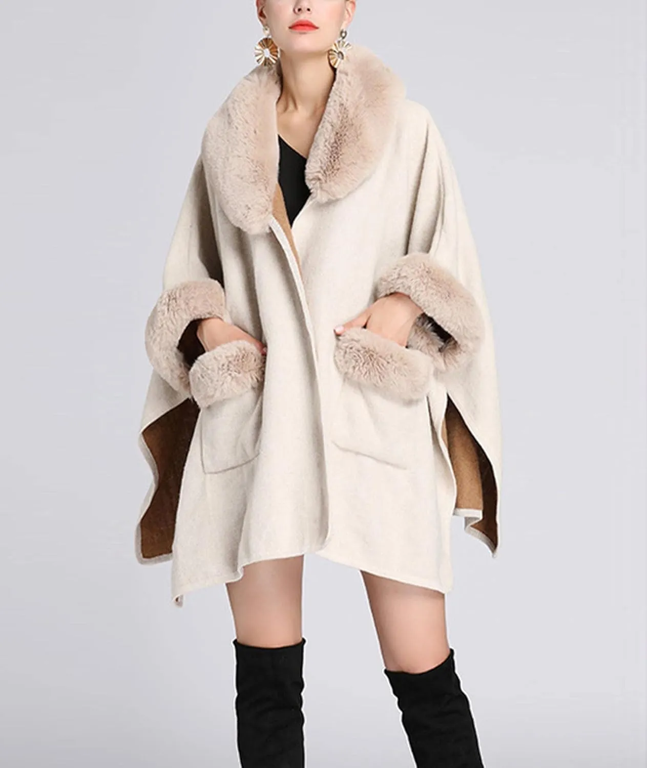 Sexyshine Women's Faux Fur Trim Cloak Poncho Coat Batwing Sleeve Pocket Oversized Woolen Shawl Wrap Cape Jacket