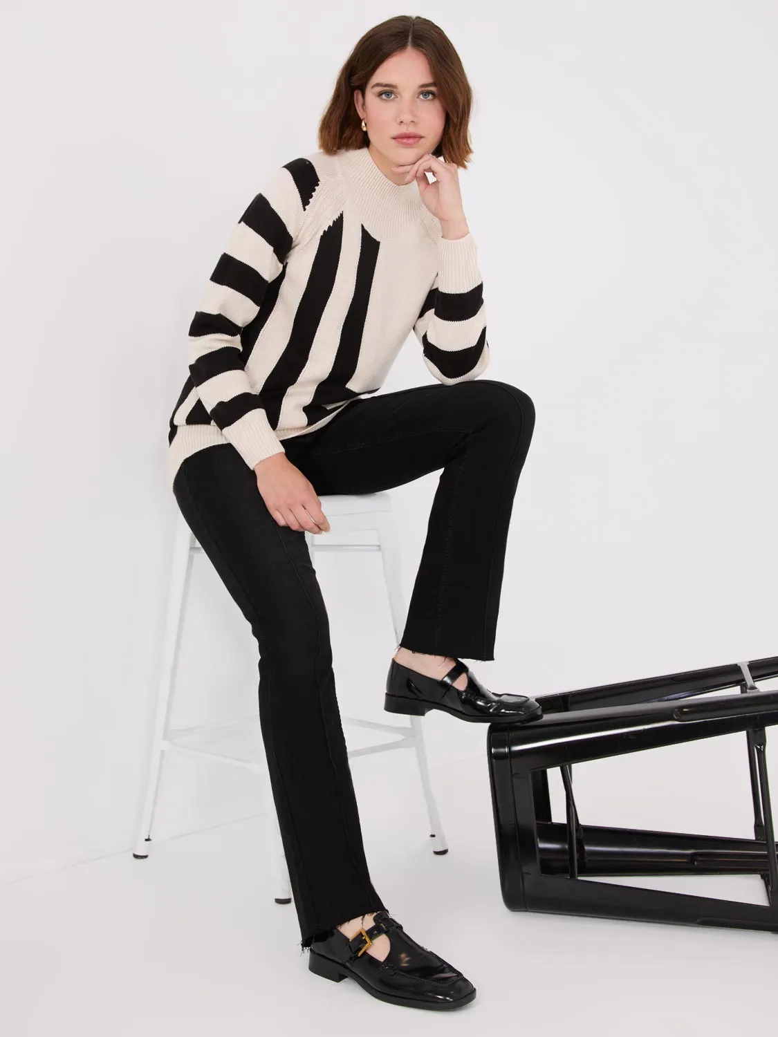 Striped Mock Neck Raglan Sleeve Sweater