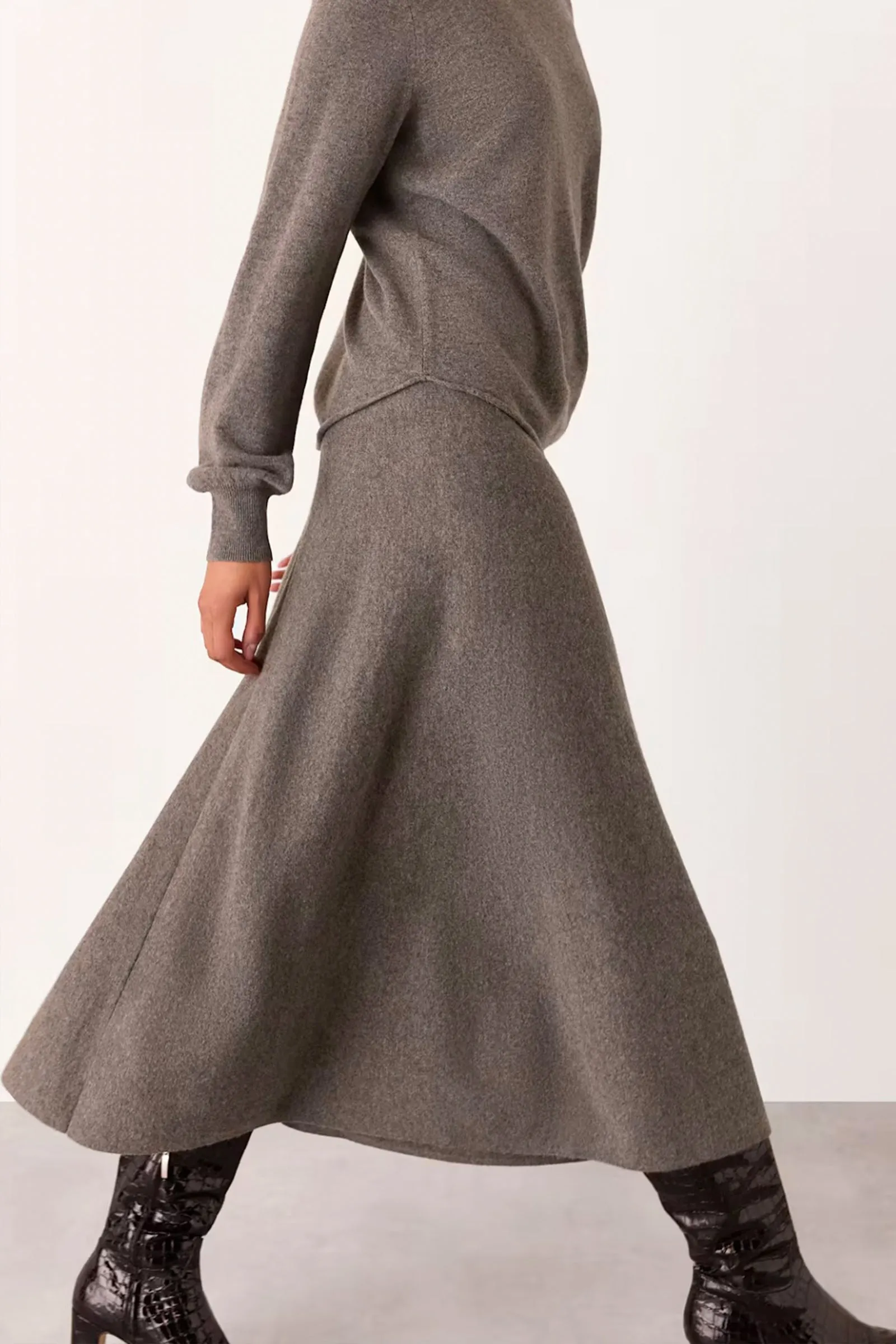 Taupe Side Ruched Detail Knit Jumper & Midi Skirt Co-ord