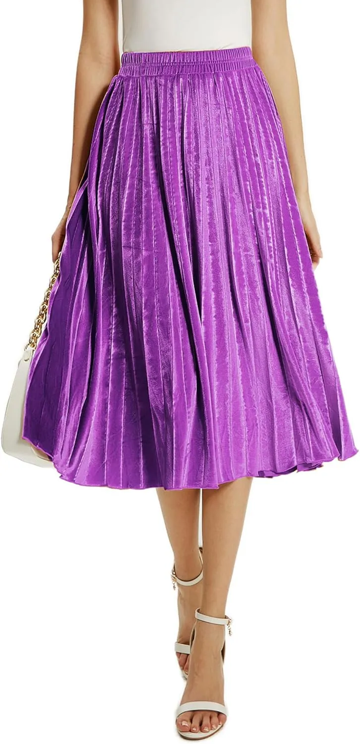 TONCHENGSD Women's High Elastic Waist Velvet Midi Long Pleated Swing Ruffled Skirt