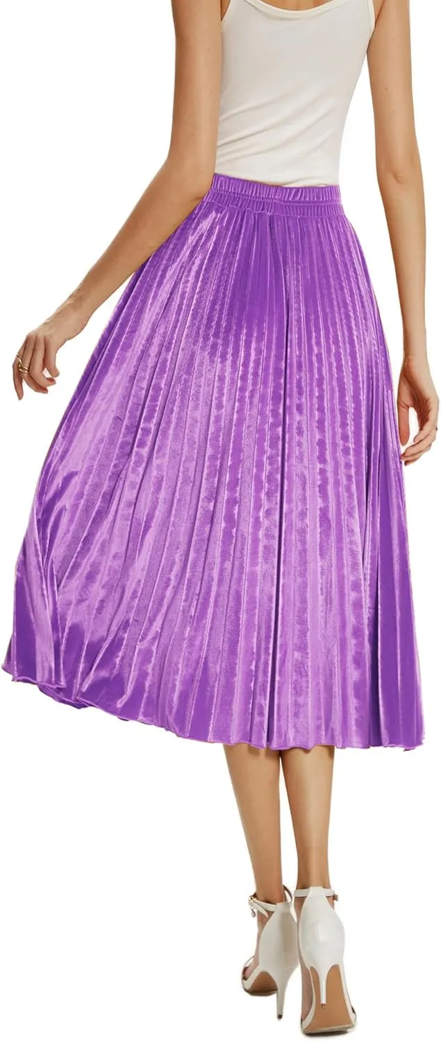 TONCHENGSD Women's High Elastic Waist Velvet Midi Long Pleated Swing Ruffled Skirt