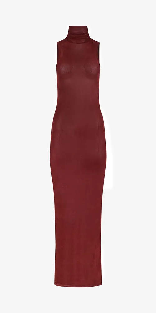 Velvet Mesh Turtleneck Dress Brick