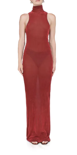 Velvet Mesh Turtleneck Dress Brick