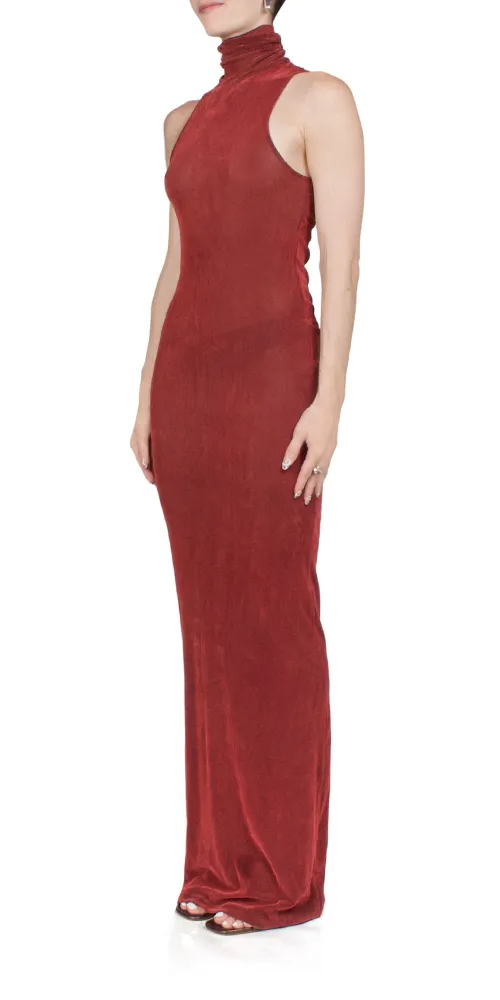 Velvet Mesh Turtleneck Dress Brick