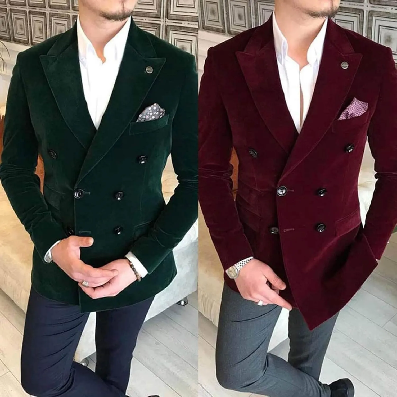 Wemaliyzd Men's Double Breasted Blazer Leisure Peak Lapel Velvet Suit Jacket Dinner Party