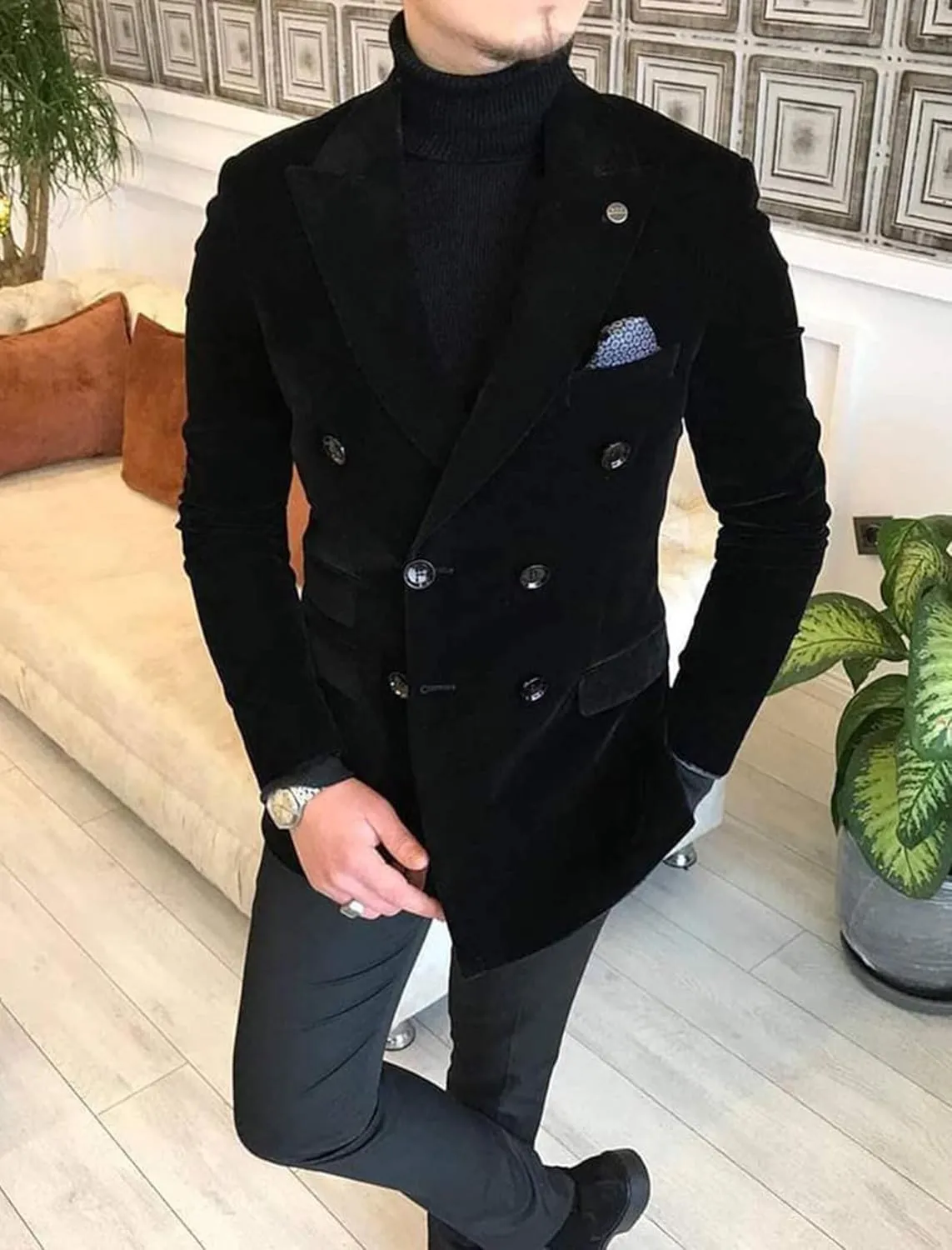 Wemaliyzd Men's Double Breasted Blazer Leisure Peak Lapel Velvet Suit Jacket Dinner Party