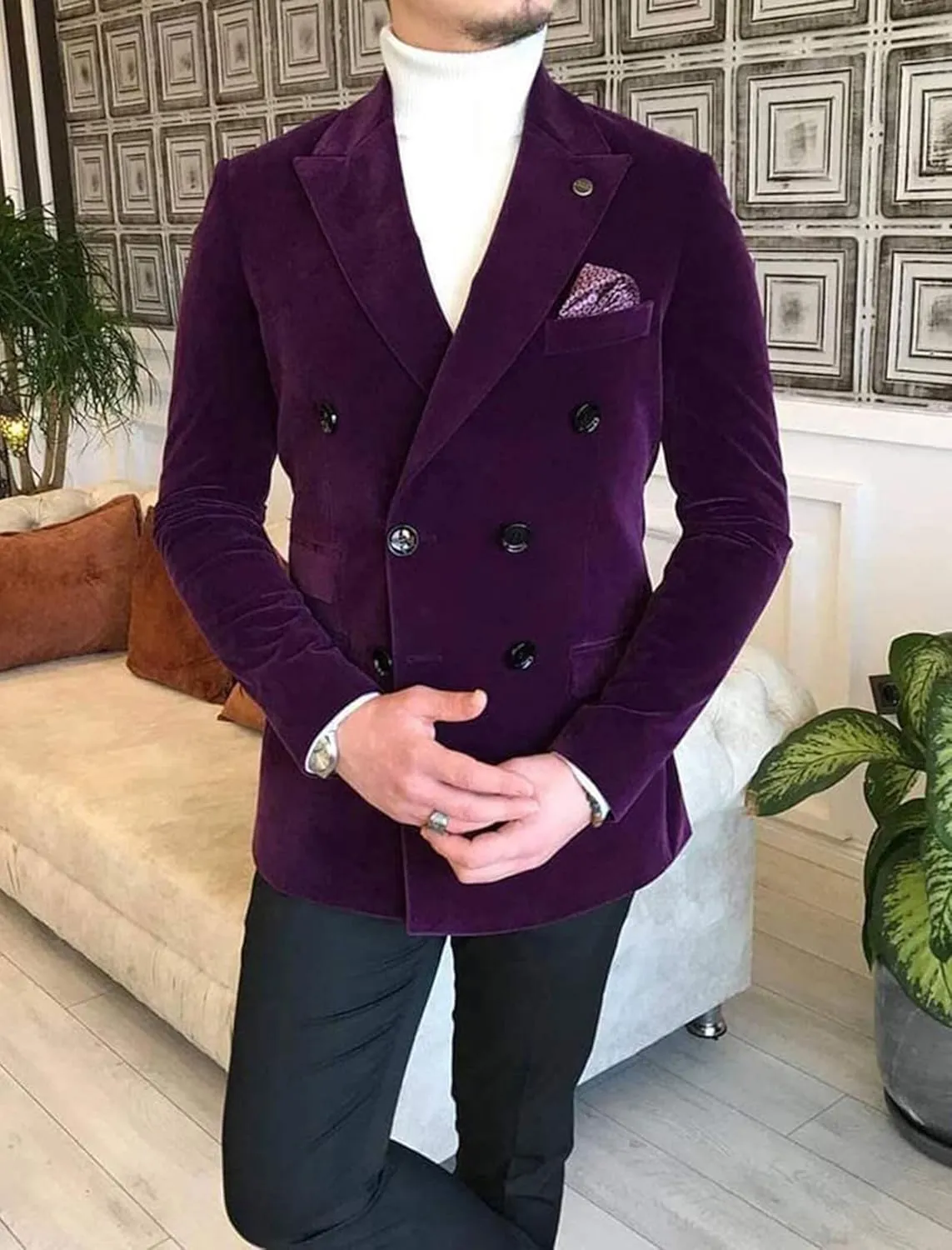 Wemaliyzd Men's Double Breasted Blazer Leisure Peak Lapel Velvet Suit Jacket Dinner Party